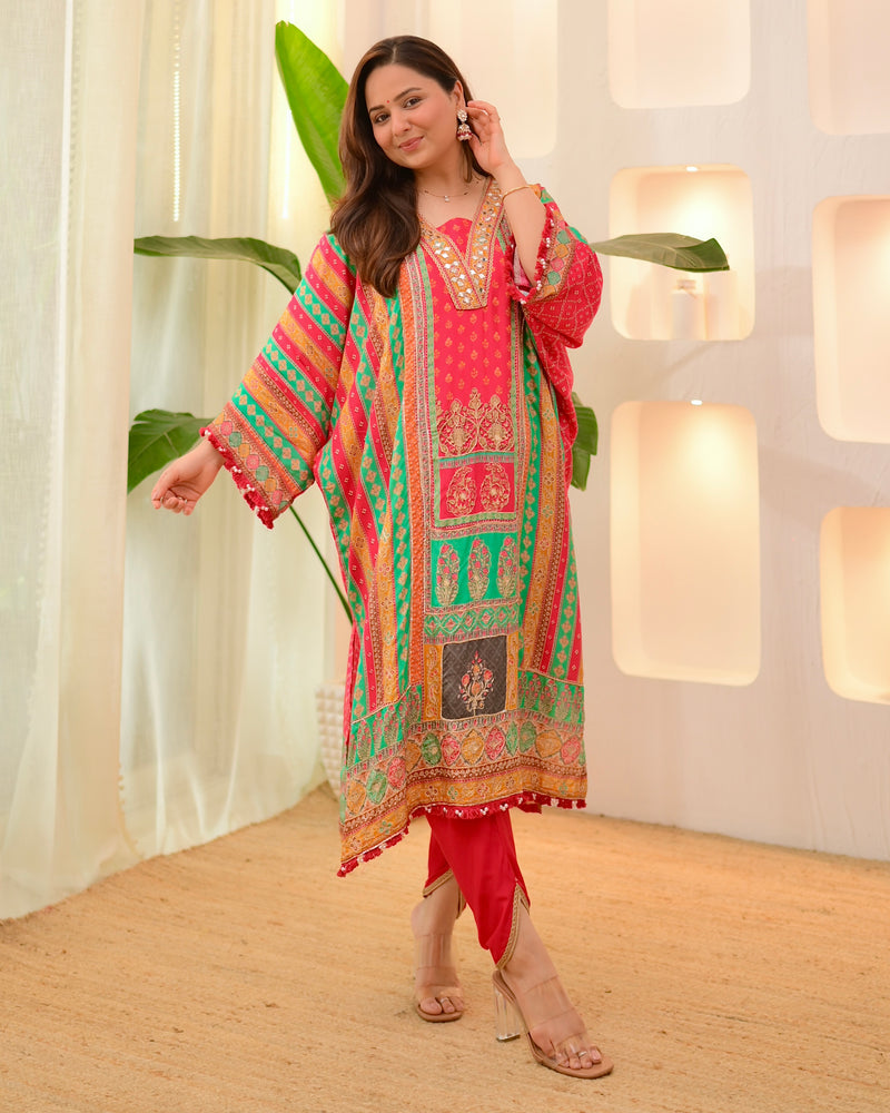 Red Rani Patch Handwork Tulip Muslin Kaftan Suit