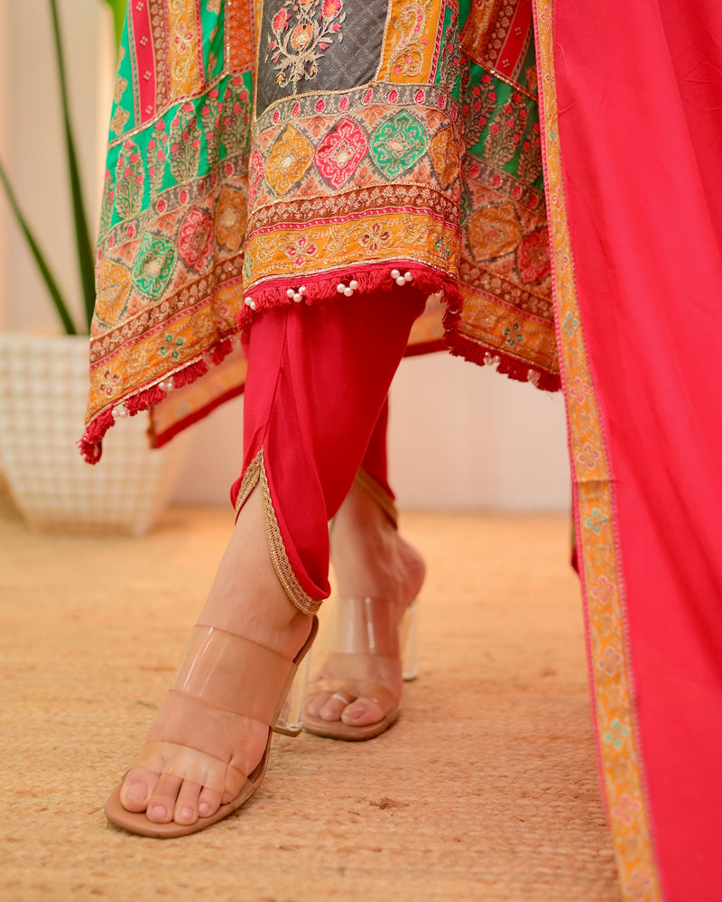 Red Rani Patch Handwork Tulip Muslin Kaftan Suit