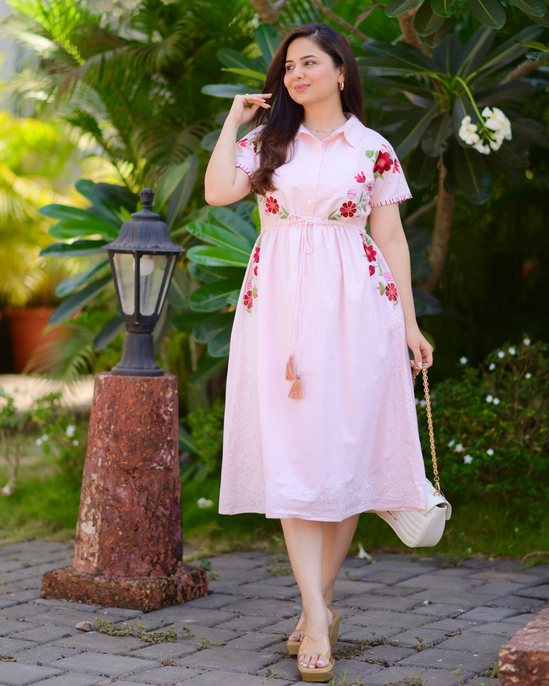 Baby Pink Threadwork Premium Cotton Dress