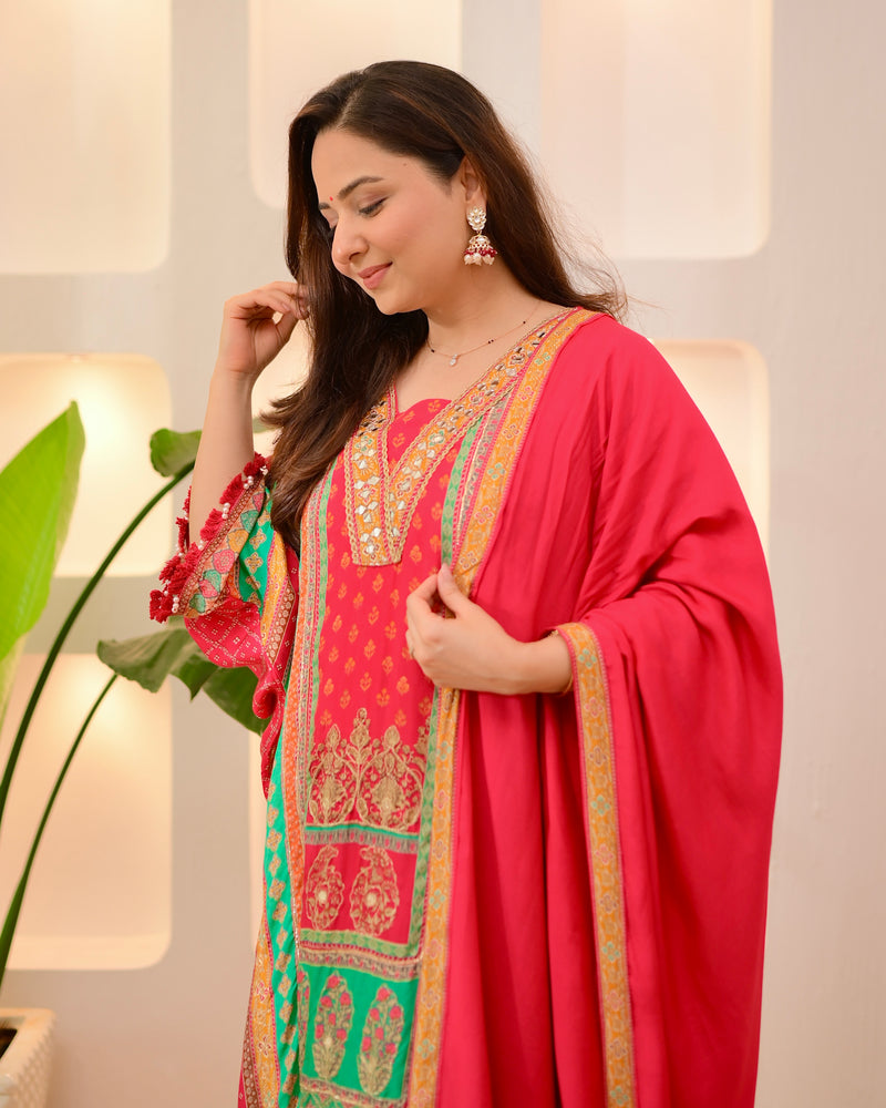 Red Rani Patch Handwork Tulip Muslin Kaftan Suit