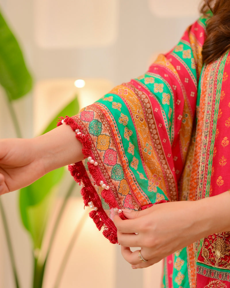 Red Rani Patch Handwork Tulip Muslin Kaftan Suit
