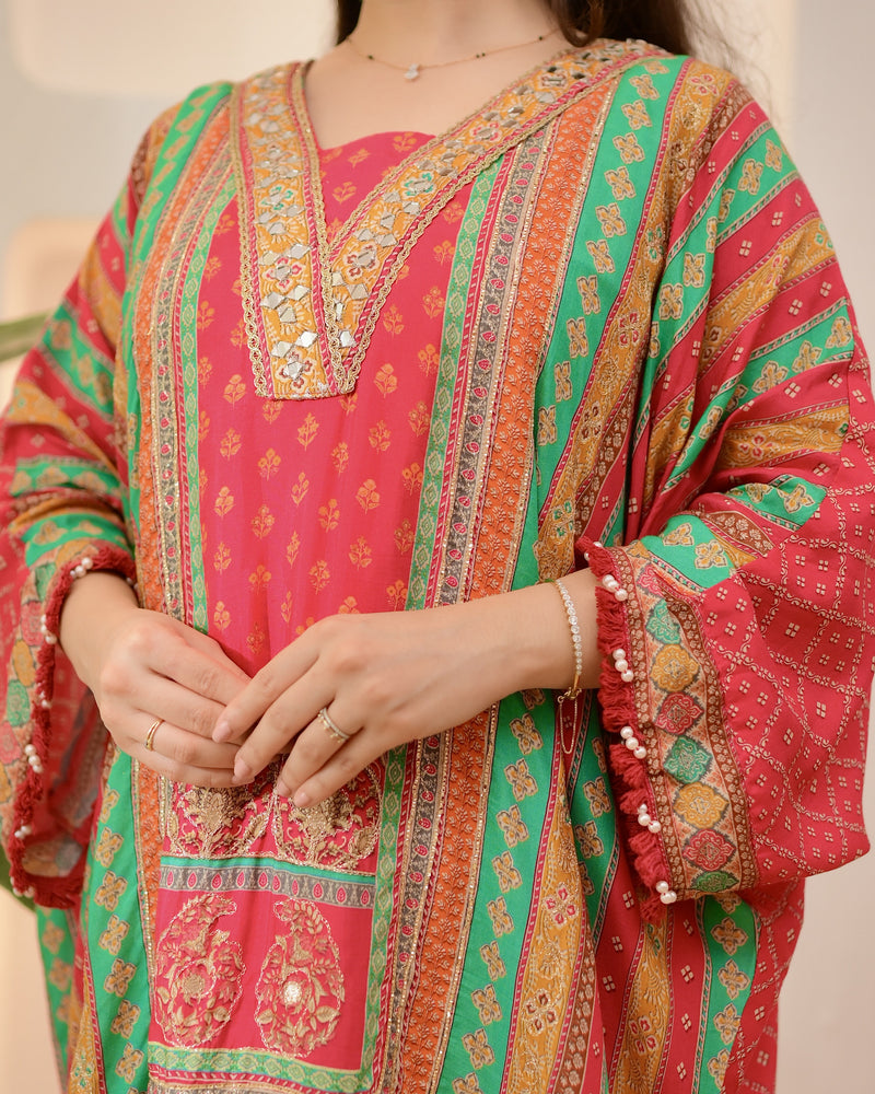 Red Rani Patch Handwork Tulip Muslin Kaftan Suit
