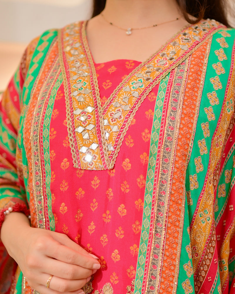 Red Rani Patch Handwork Tulip Muslin Kaftan Suit