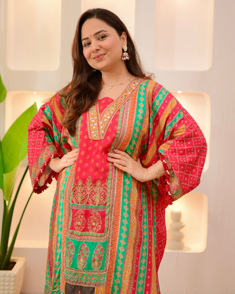 Red Rani Patch Handwork Tulip Muslin Kaftan Suit