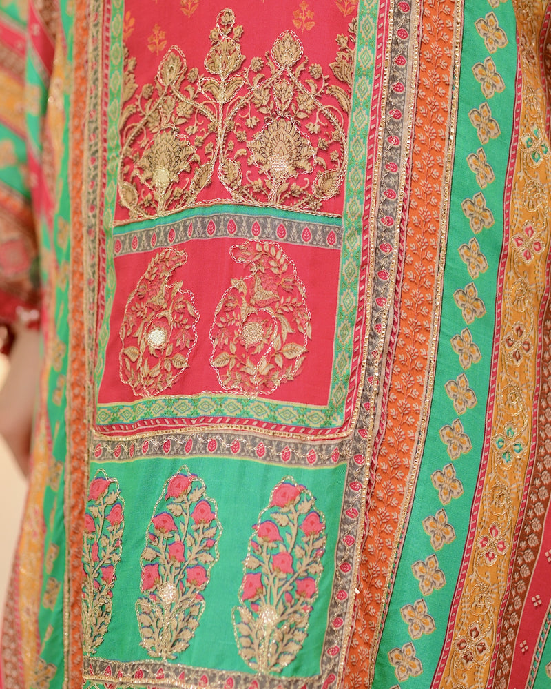 Red Rani Patch Handwork Tulip Muslin Kaftan Suit