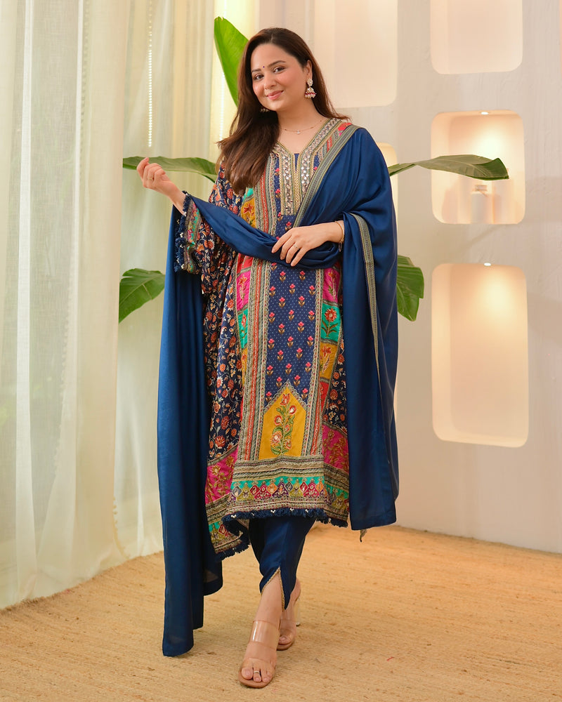 Navy Patch Handwork Tulip Muslin Kaftan Suit