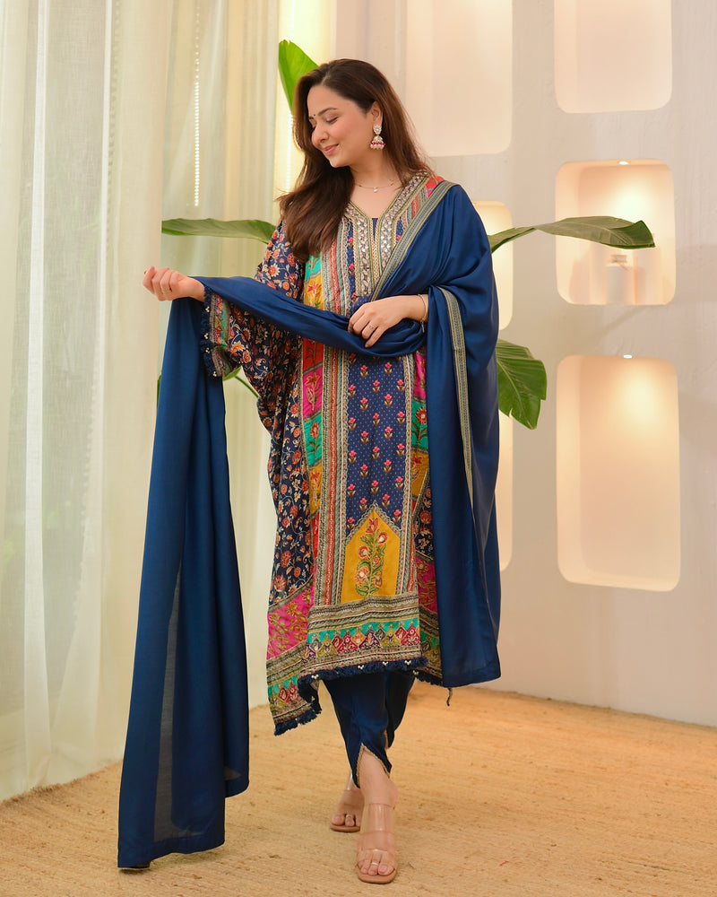 Navy Patch Handwork Tulip Muslin Kaftan Suit