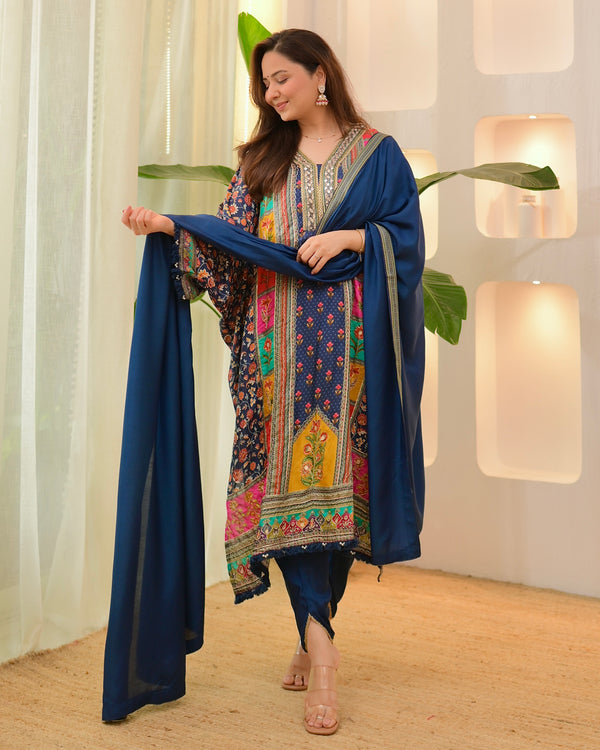 Navy Patch Handwork Tulip Muslin Kaftan Suit