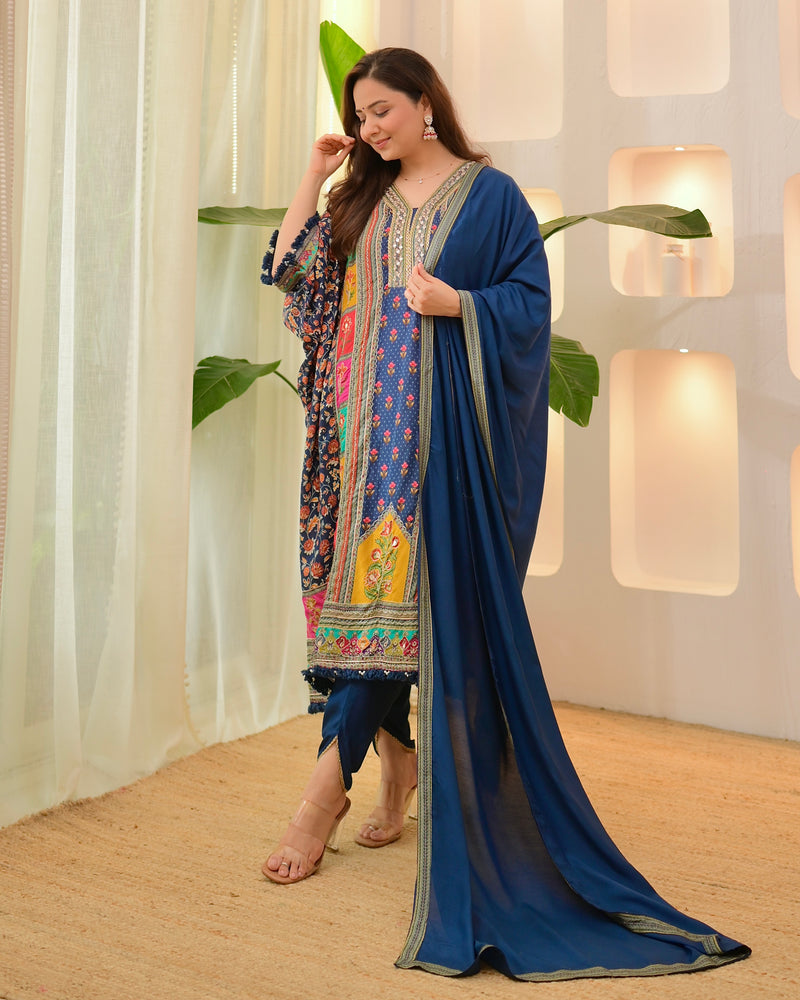 Navy Patch Handwork Tulip Muslin Kaftan Suit