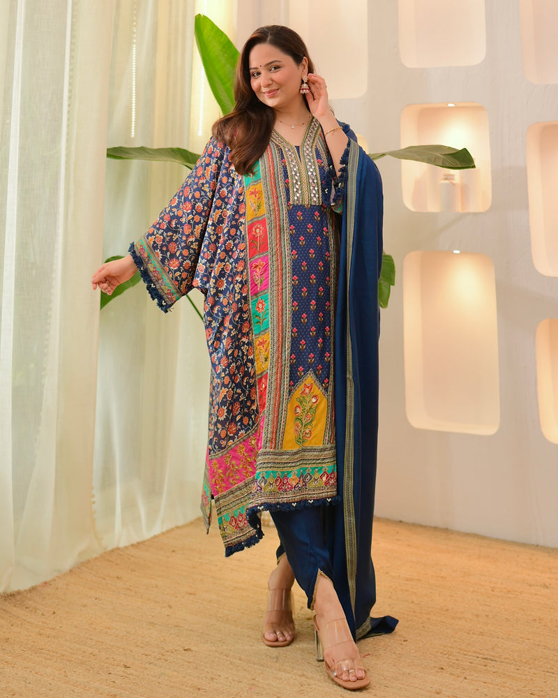 Navy Patch Handwork Tulip Muslin Kaftan Suit