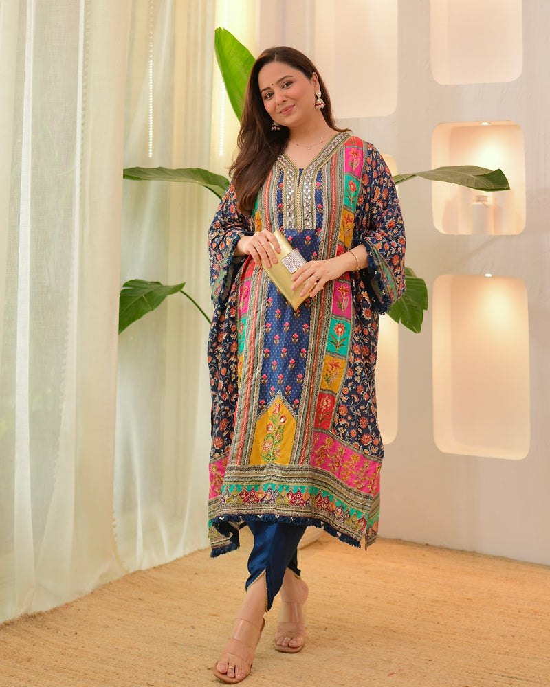 Navy Patch Handwork Tulip Muslin Kaftan Suit