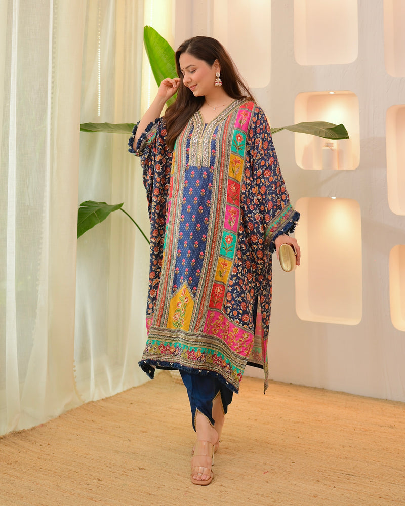 Navy Patch Handwork Tulip Muslin Kaftan Suit