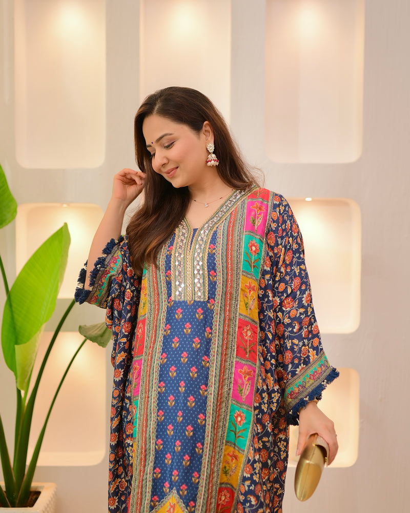 Navy Patch Handwork Tulip Muslin Kaftan Suit