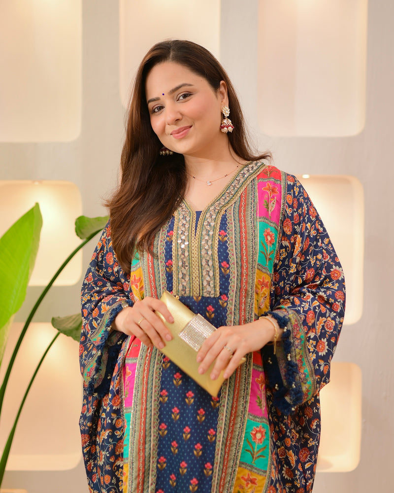Navy Patch Handwork Tulip Muslin Kaftan Suit