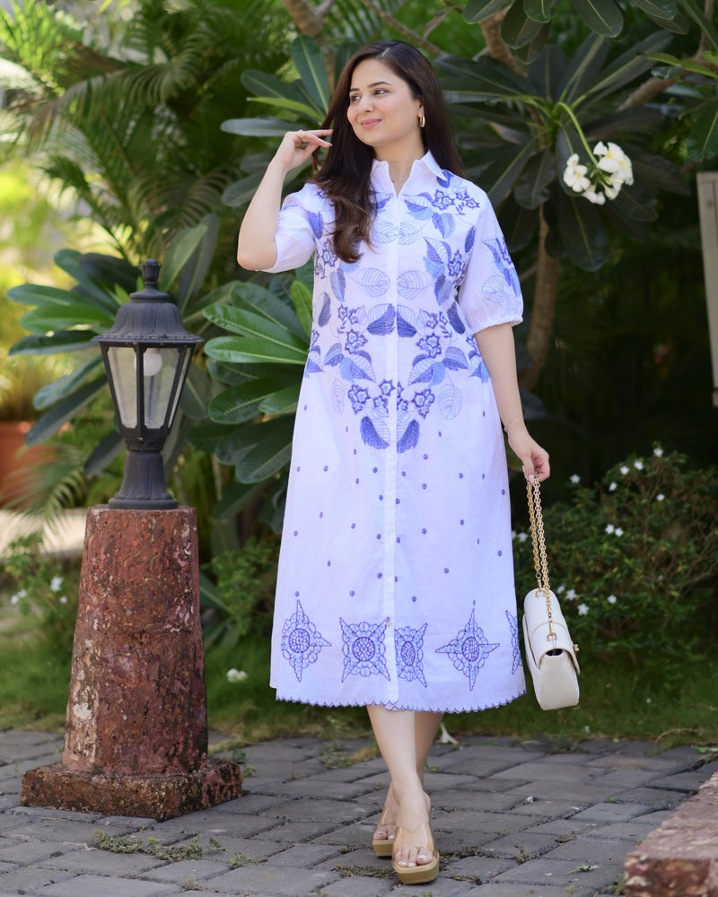 White Blue Threadwork Premium Cotton Dress