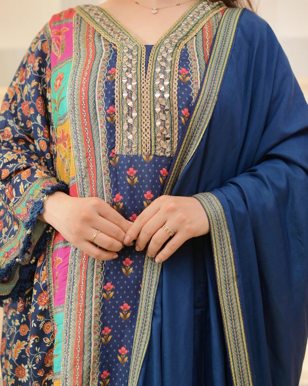 Navy Patch Handwork Tulip Muslin Kaftan Suit