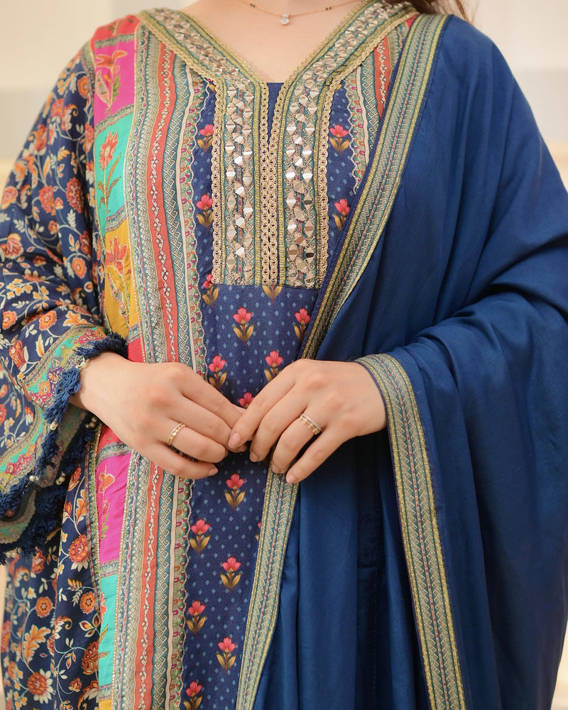 Navy Patch Handwork Tulip Muslin Kaftan Suit