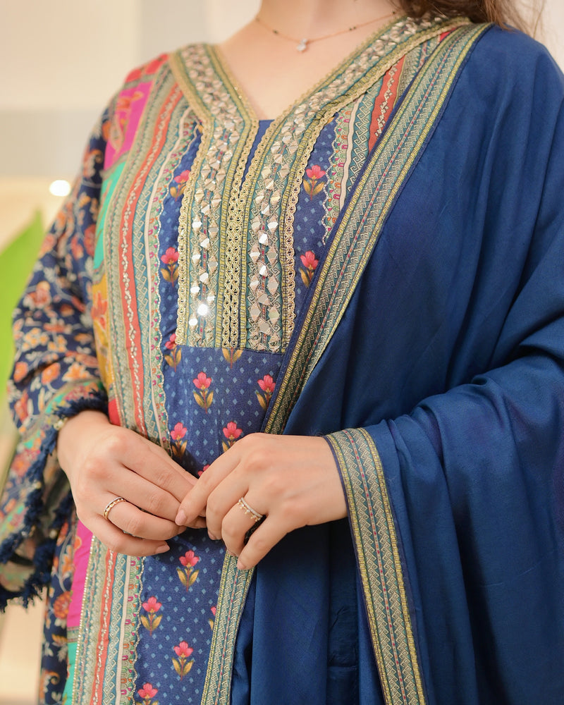 Navy Patch Handwork Tulip Muslin Kaftan Suit