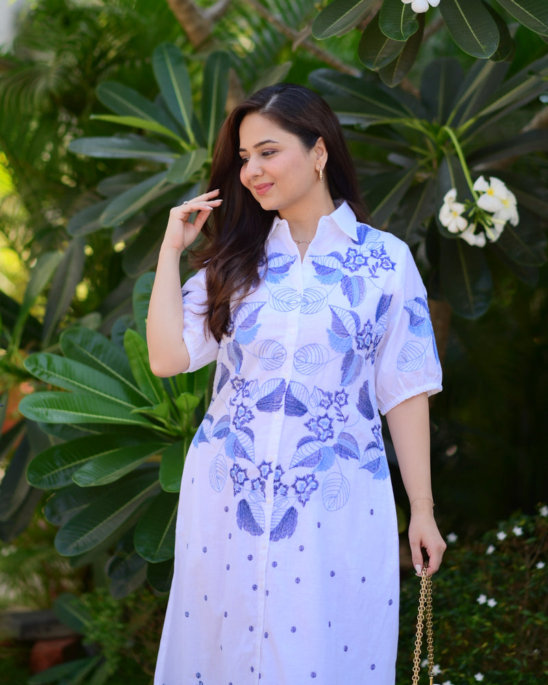 White Blue Threadwork Premium Cotton Dress