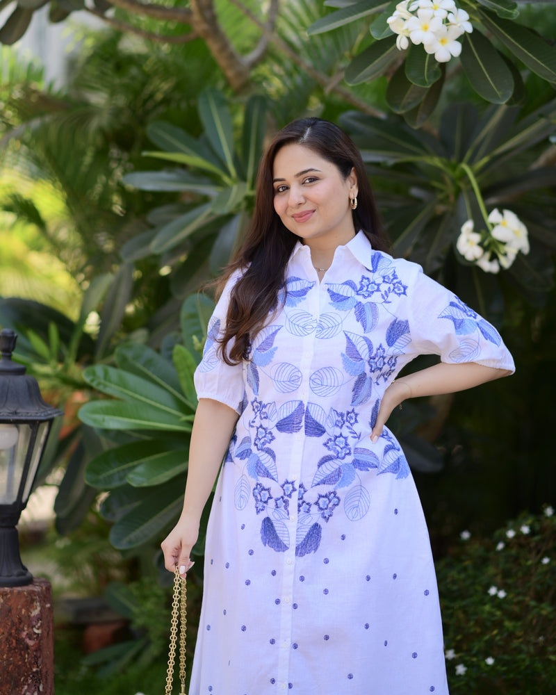 White Blue Threadwork Premium Cotton Dress