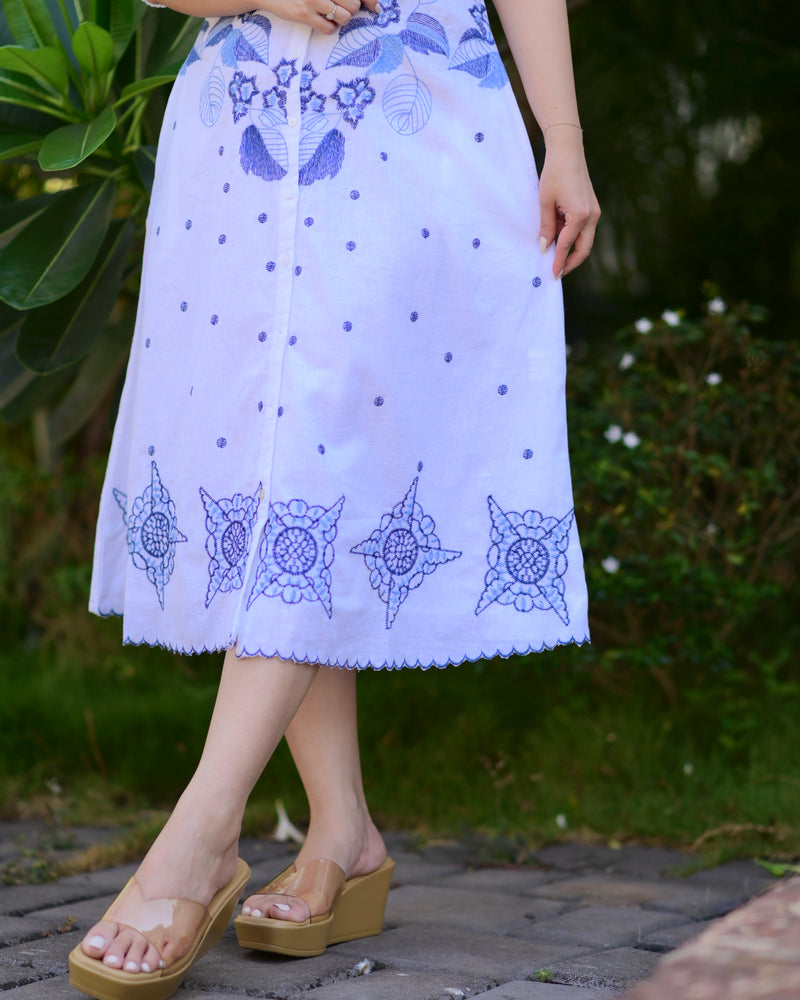 White Blue Threadwork Premium Cotton Dress