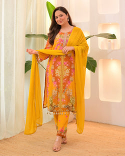 Sunshine Yellow Crepe Handwork Floral Suit