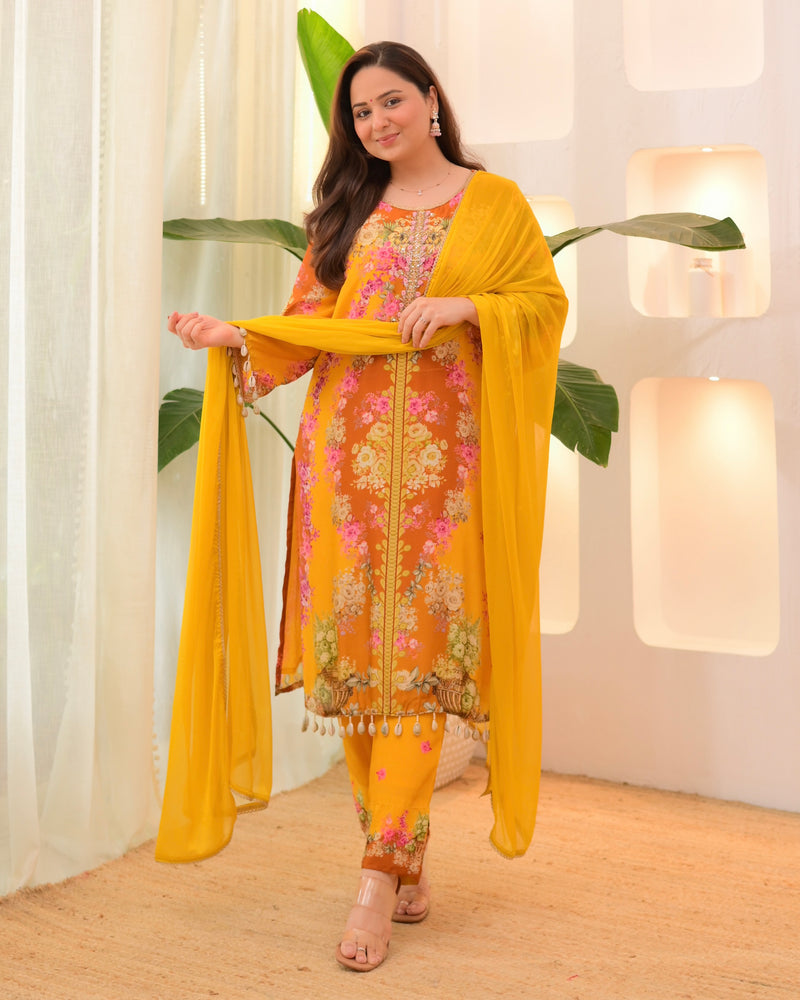 Sunshine Yellow Crepe Handwork Floral Suit