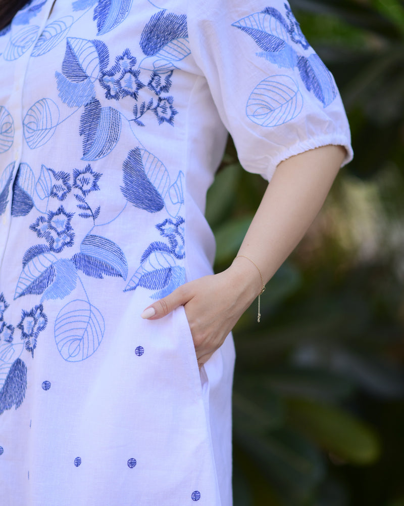 White Blue Threadwork Premium Cotton Dress