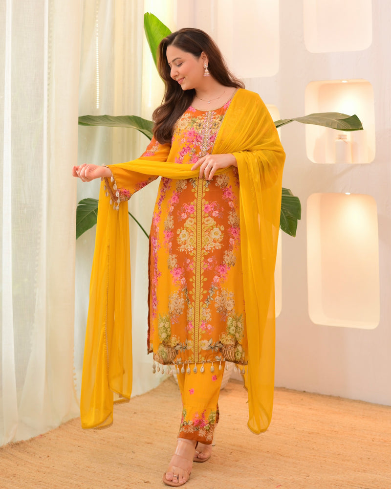 Sunshine Yellow Crepe Handwork Floral Suit