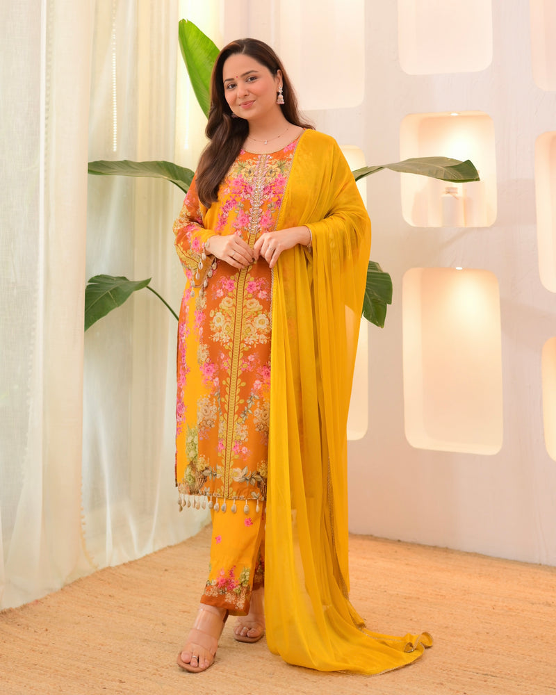 Sunshine Yellow Crepe Handwork Floral Suit