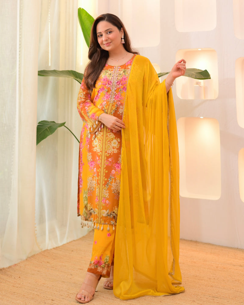 Sunshine Yellow Crepe Handwork Floral Suit