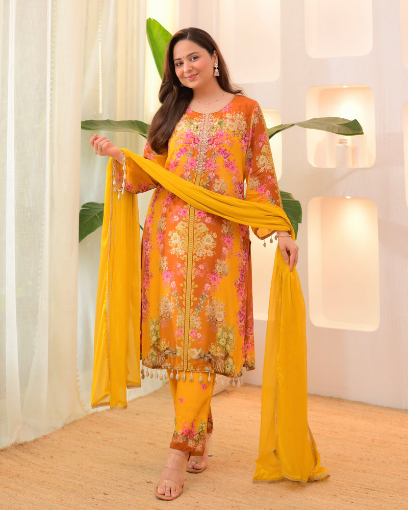 Sunshine Yellow Crepe Handwork Floral Suit