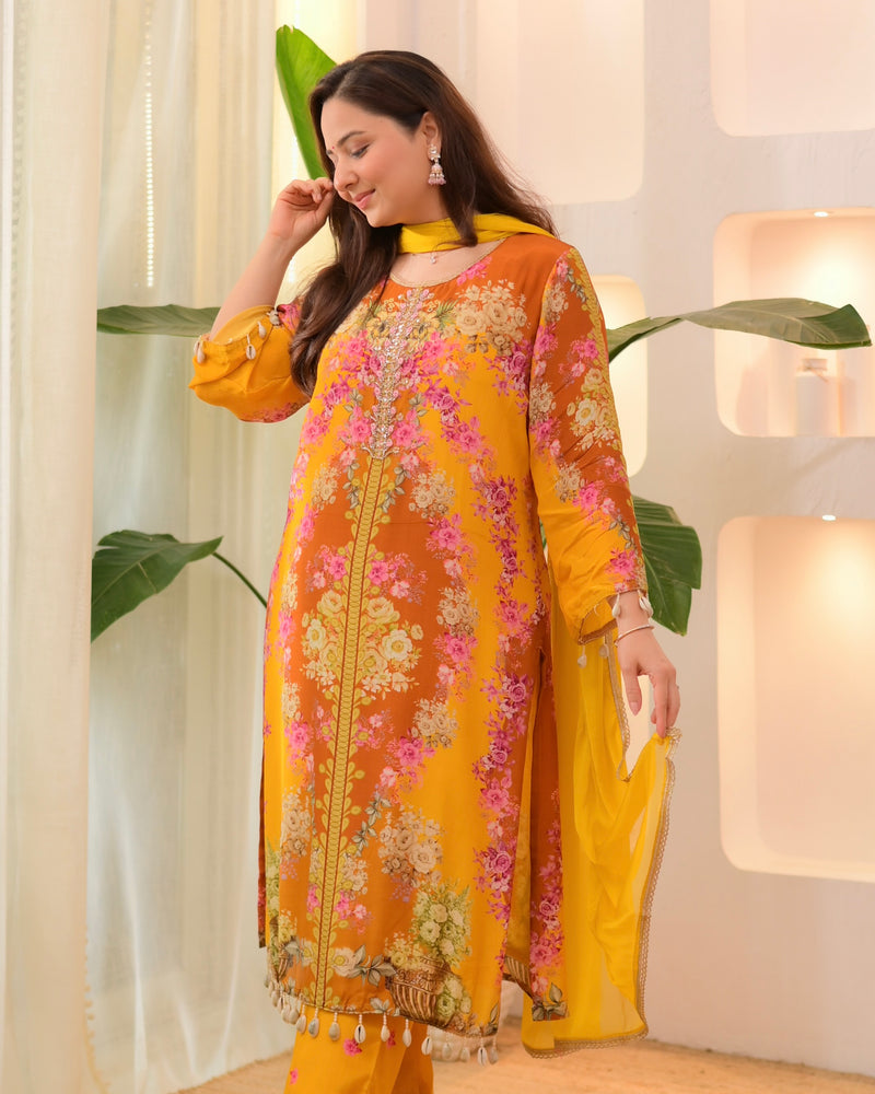 Sunshine Yellow Crepe Handwork Floral Suit