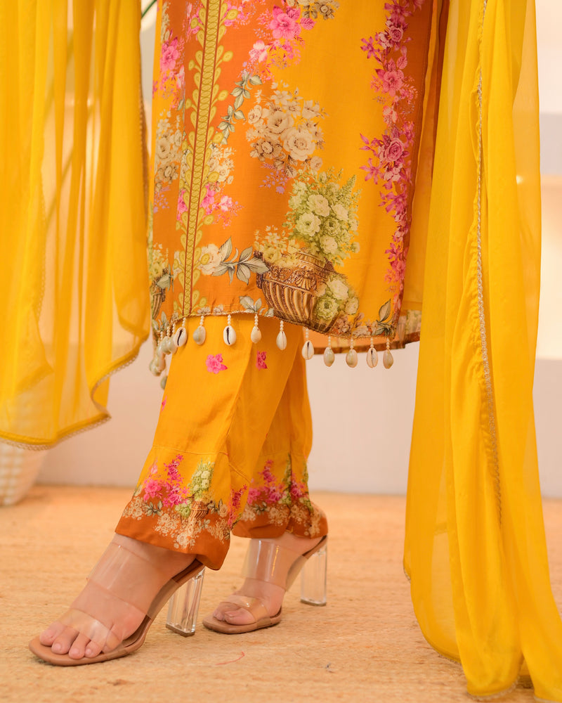 Sunshine Yellow Crepe Handwork Floral Suit
