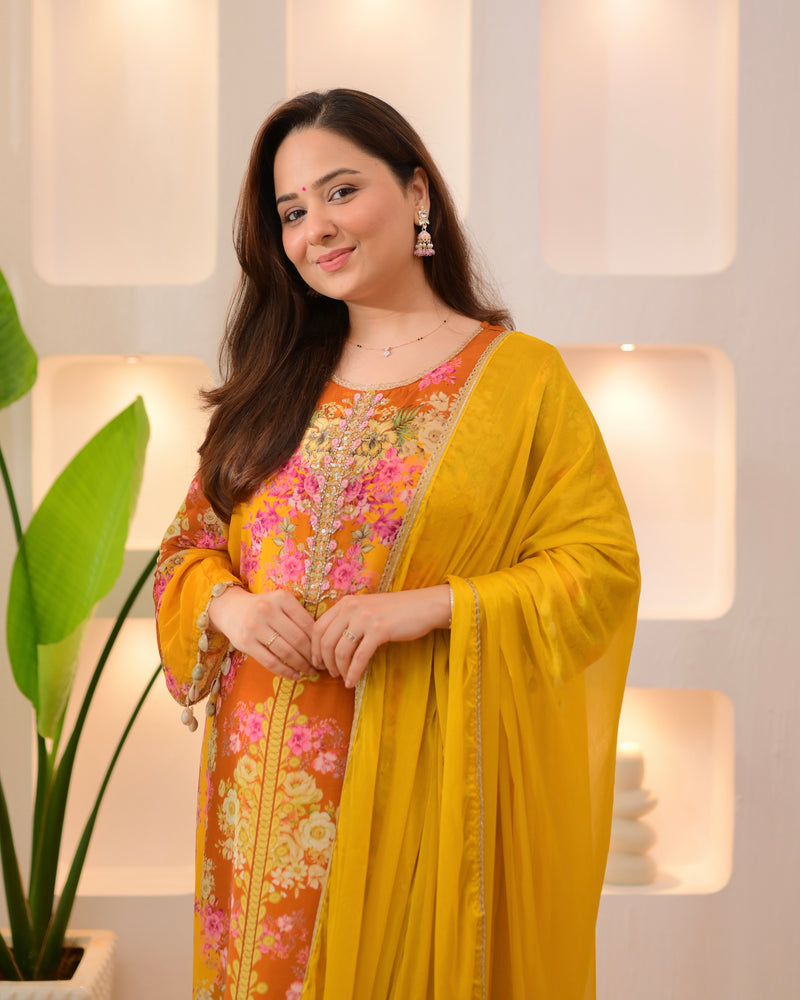 Sunshine Yellow Crepe Handwork Floral Suit