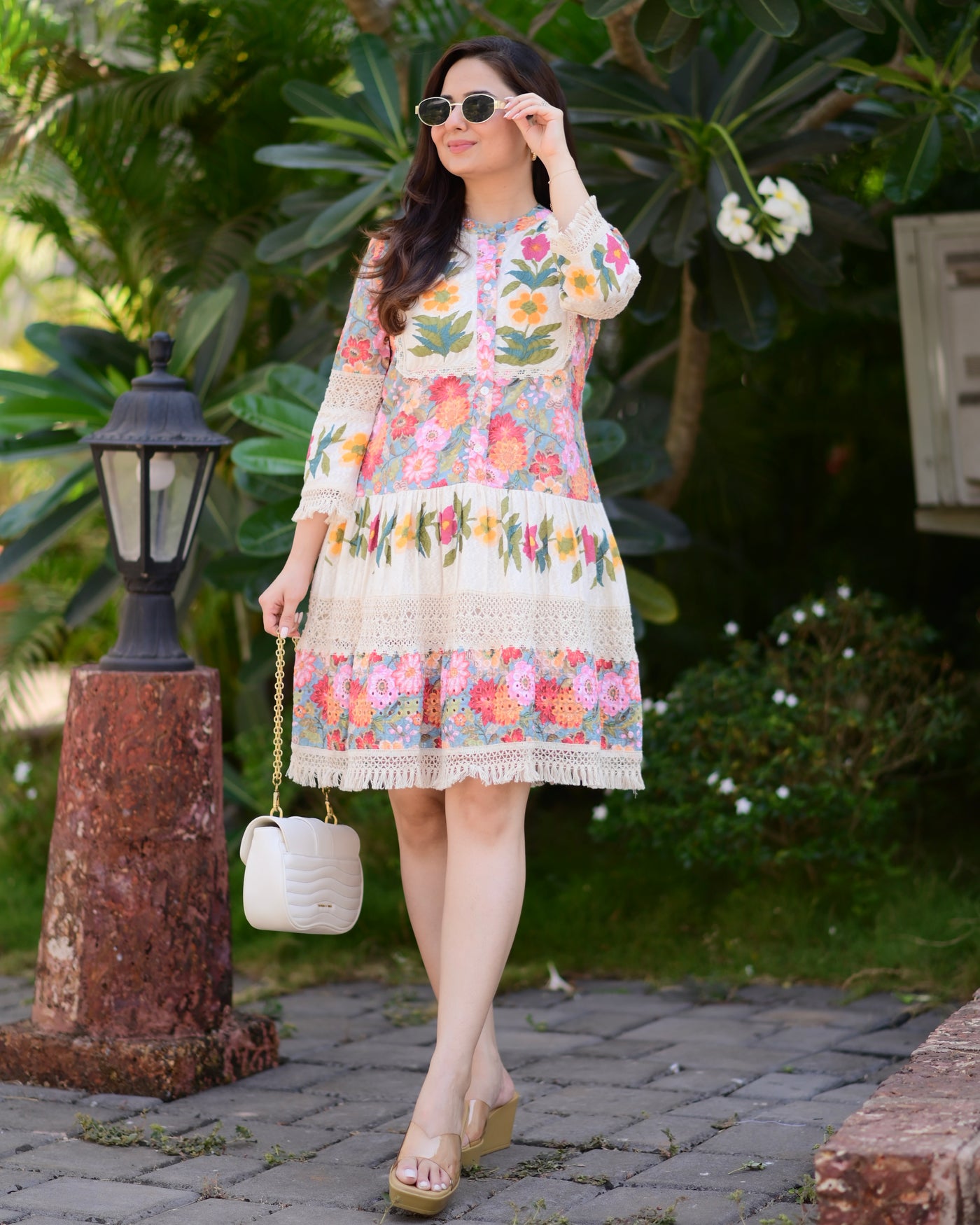 Multi Floral Schiffli Boho Cotton Dress