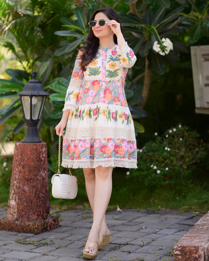 Multi Floral Schiffli Boho Cotton Dress