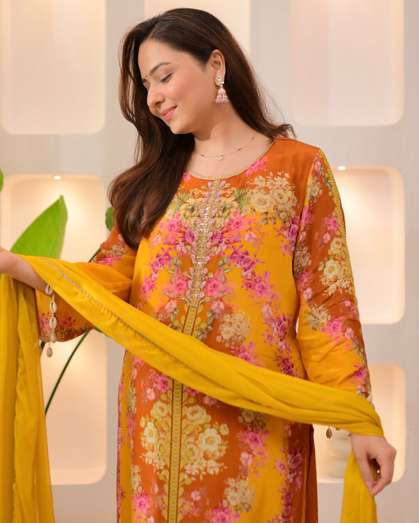 Sunshine Yellow Crepe Handwork Floral Suit