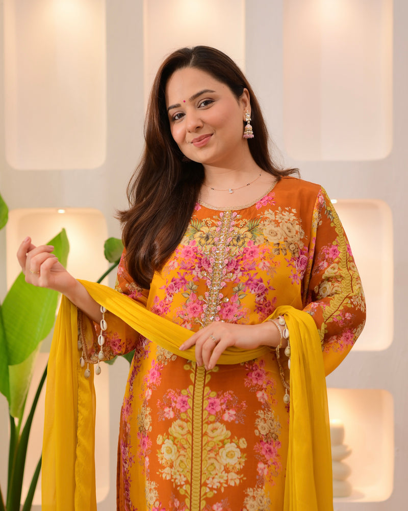 Sunshine Yellow Crepe Handwork Floral Suit