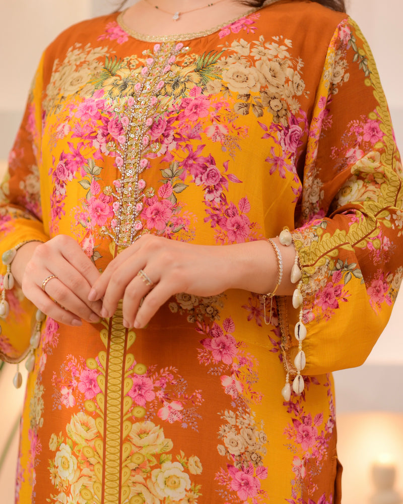 Sunshine Yellow Crepe Handwork Floral Suit