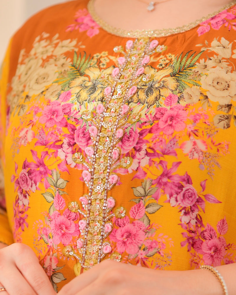 Sunshine Yellow Crepe Handwork Floral Suit