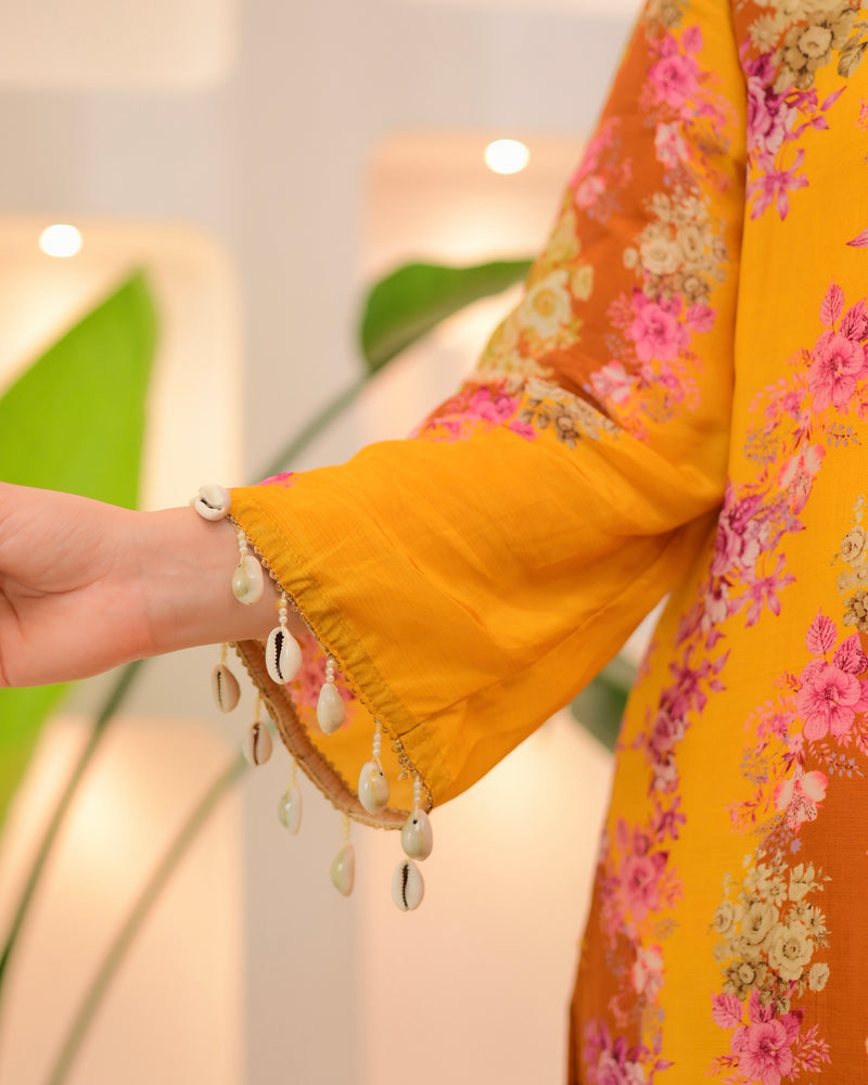 Sunshine Yellow Crepe Handwork Floral Suit