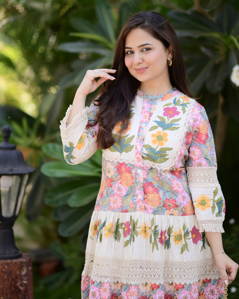Multi Floral Schiffli Boho Cotton Dress