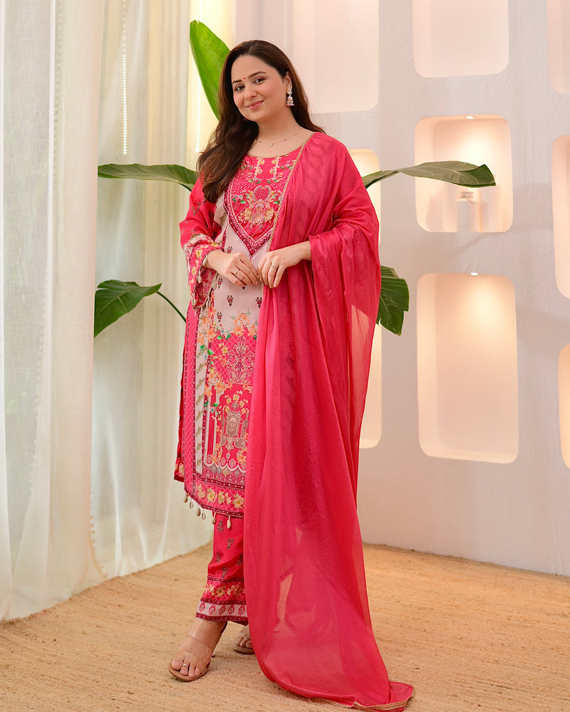 Pink Pearls & Shells Crepe Handwork Suit