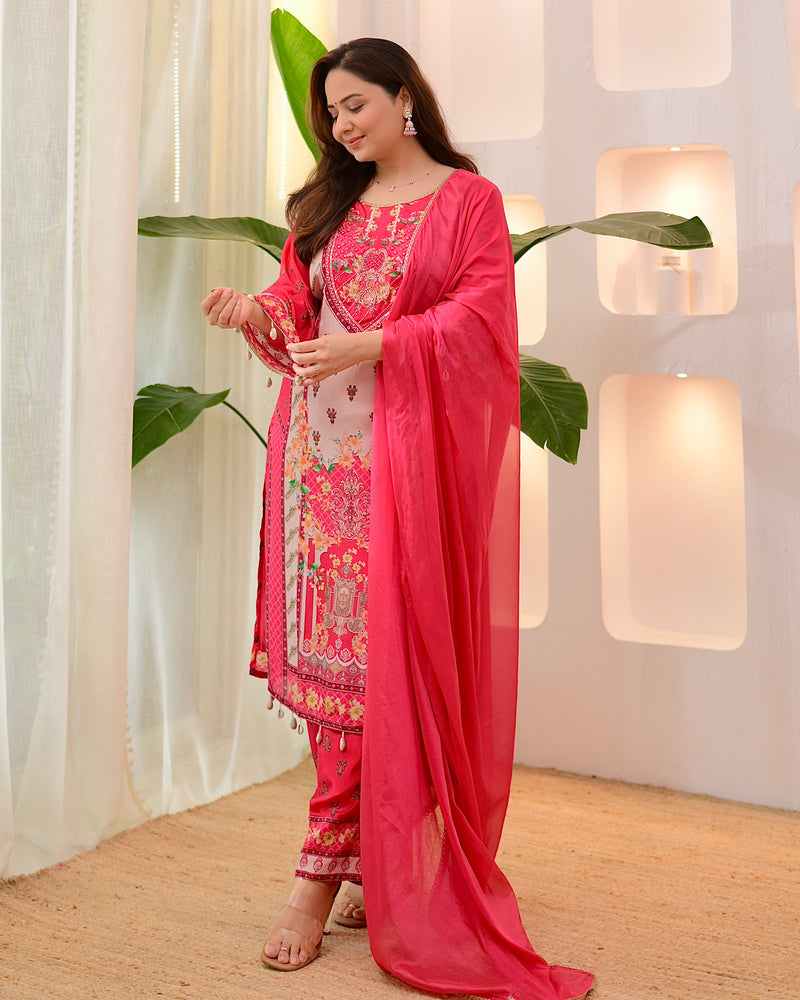 Pink Pearls & Shells Crepe Handwork Suit