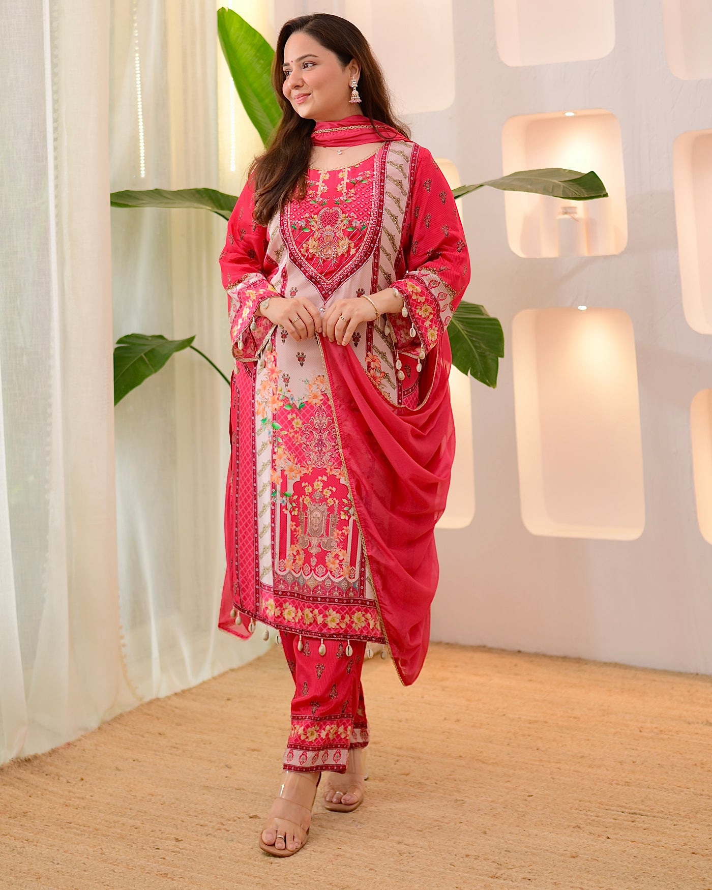 Pink Pearls & Shells Crepe Handwork Suit