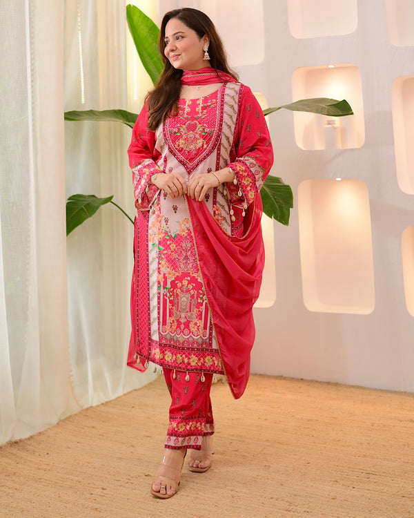 Pink Pearls & Shells Crepe Handwork Suit
