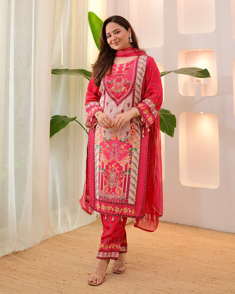 Pink Pearls & Shells Crepe Handwork Suit