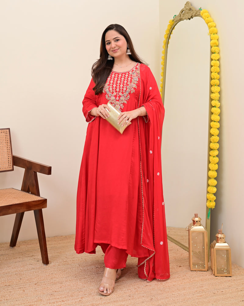 Scarlet Red A Line Handwork Chanderi Silk Festive Suit
