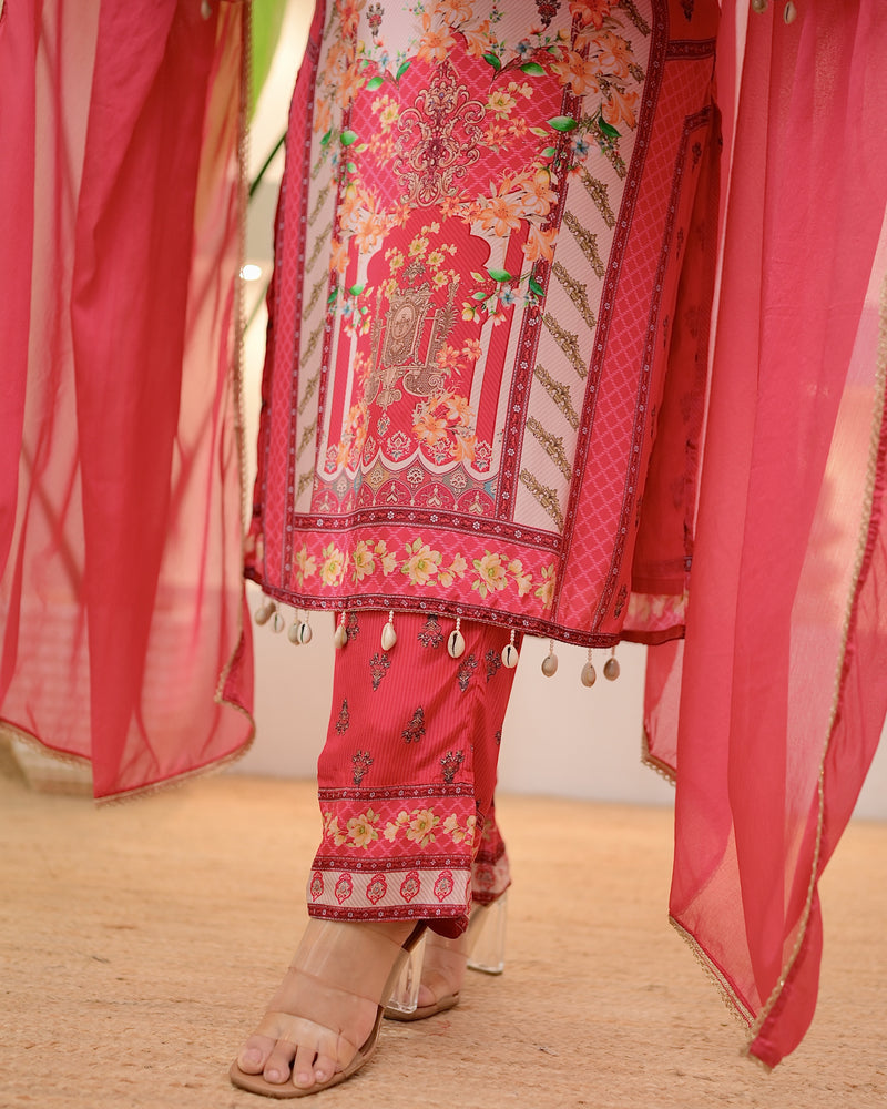 Pink Pearls & Shells Crepe Handwork Suit